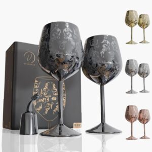 vaanshie 17oz stainless steel wine glasses [set of 2] – black royal goblets with intricate baroque engravings, unbreakable and shatterproof wine cups with bottle stopper for travel, camping,and pool