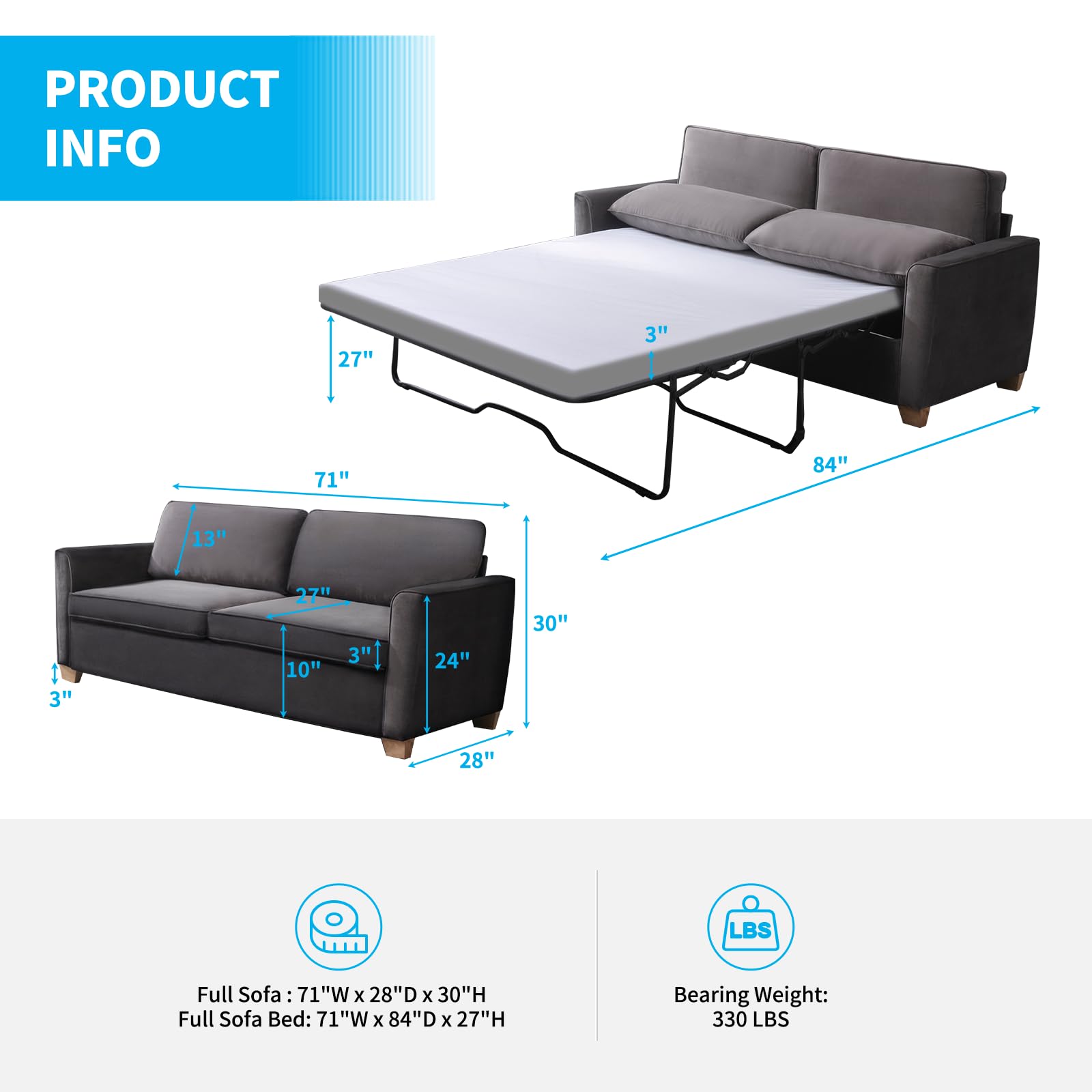 ADOWORE 2-in-1 Convertible Pull Out Sofa Bed, Full Size Sleeper Sofa Couch with Folding Mattress, Velvet Pull Out Couch Bed, Sofa Sleeper Pullout Couch Bed for Living Room Office