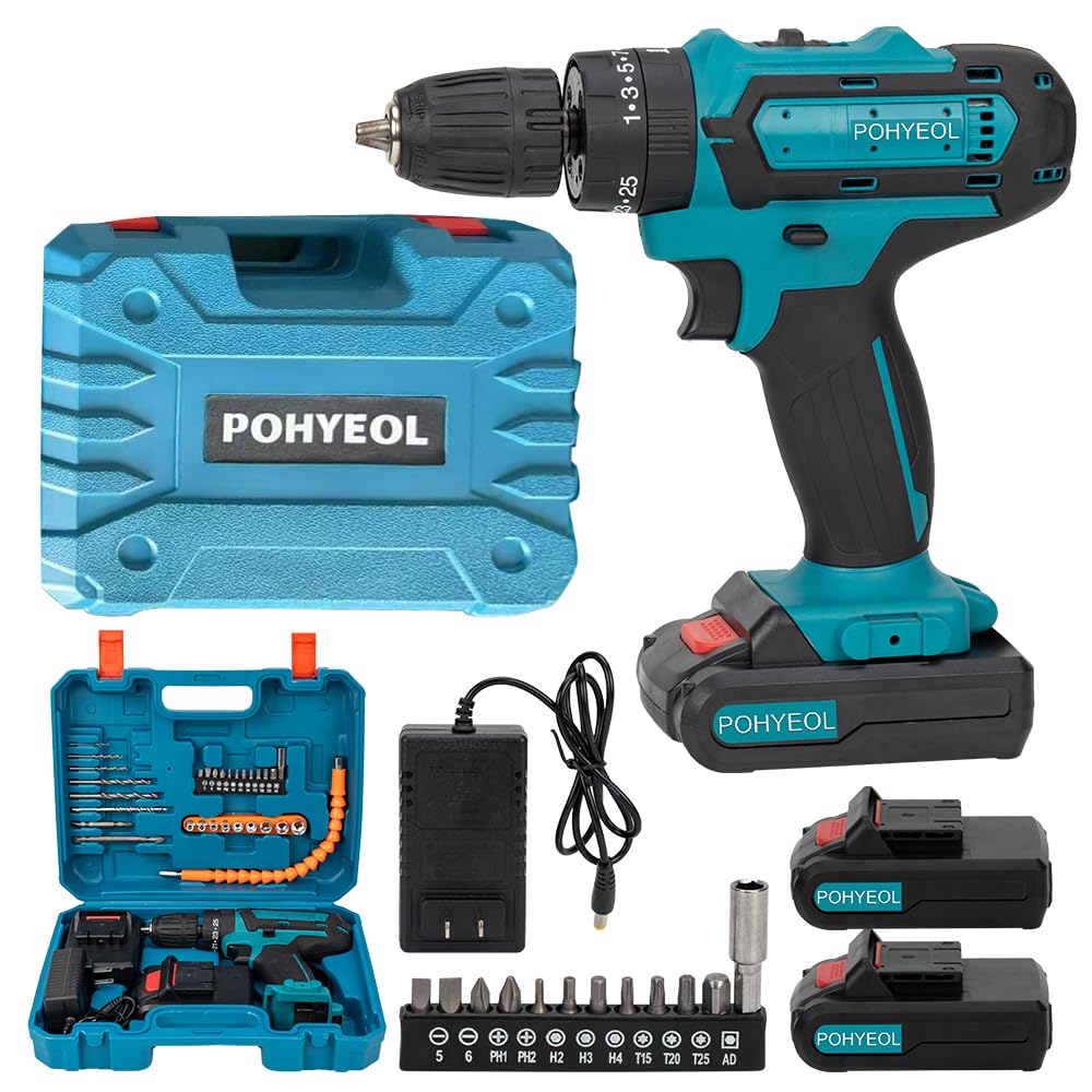 POHYEOL 21V MAX Cordless Drill Driver, with 2 Lithium Batteries and Charger,2 Variable Speed,with LED Work Light,with 43pcs Drill Driver Bits Kit, Screws Set,Tool Bag