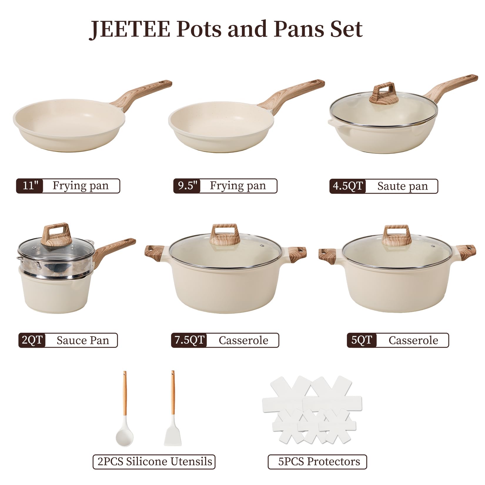 JEETEE 18 Pcs Pots and Pans Set, Pot Sets for Cooking Nonstick, Healthy kitchen Cookware Sets, PFAS and PFOA Free (Beige)