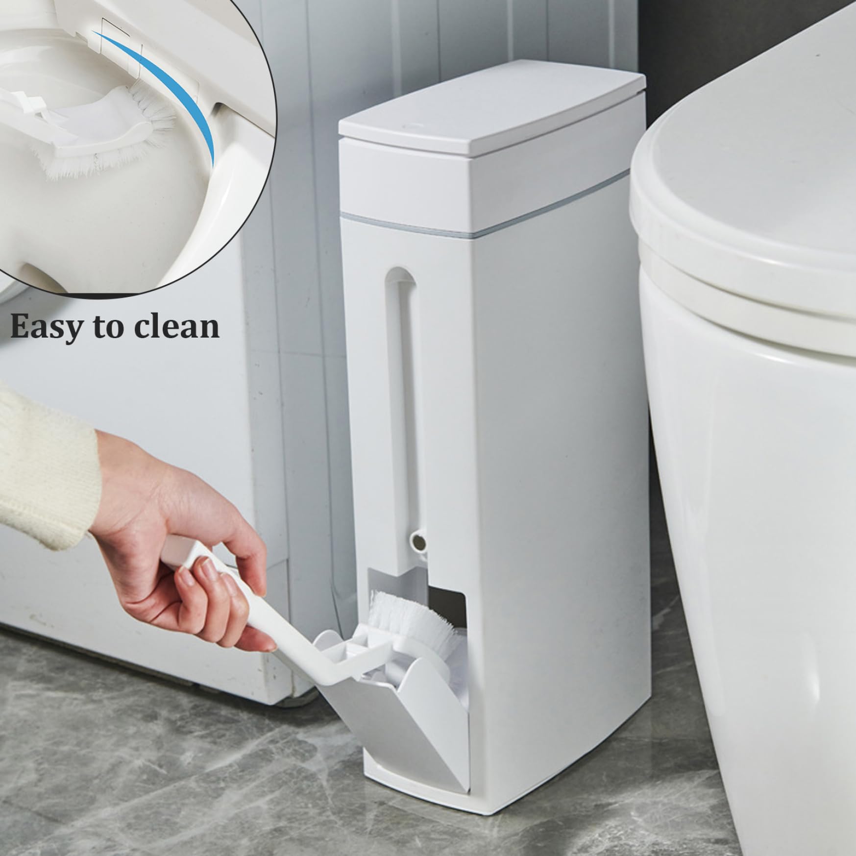 CurcKua Bathroom Trash Can Set 16.5x8x4.3in 1.2-Gallon Slim Bathroom Bin with Toilet Brush Holder Press-Opening White Rectangular Toilet Trash Can Slim Trash Can with Lid Rubbish Bin Waste Paper Bin