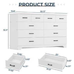 DICTAC White Dresser for Bedroom with 10 Drawers, Large Chest of Drawers Storage Organizer, Long Dresser TV Stand with Power Outlets, Wide Dresser for Bedroom, Living Room 55.1" W x 32.3" H x 15.8" D