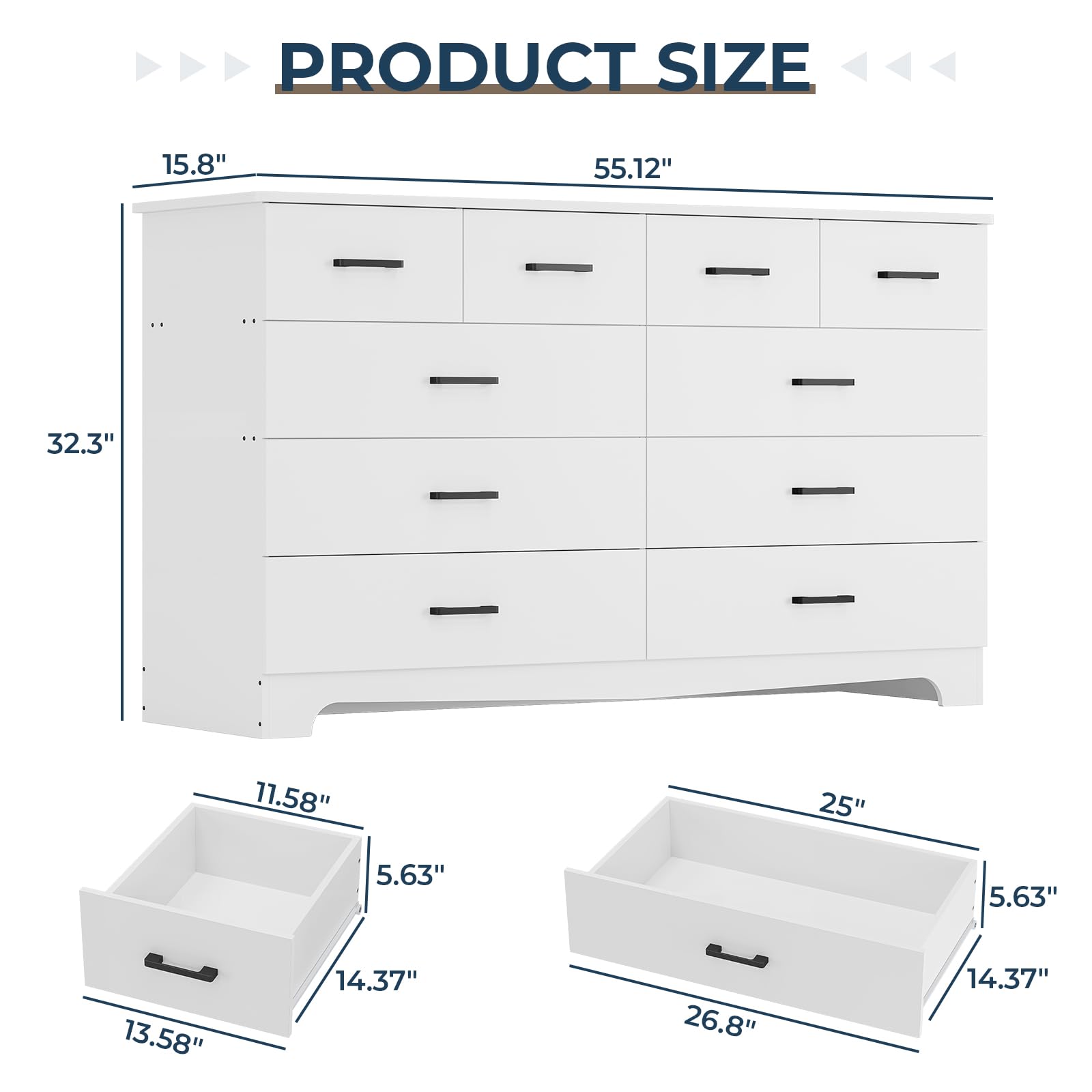 DICTAC White Dresser for Bedroom with 10 Drawers, Large Chest of Drawers Storage Organizer, Long Dresser TV Stand with Power Outlets, Wide Dresser for Bedroom, Living Room 55.1" W x 32.3" H x 15.8" D