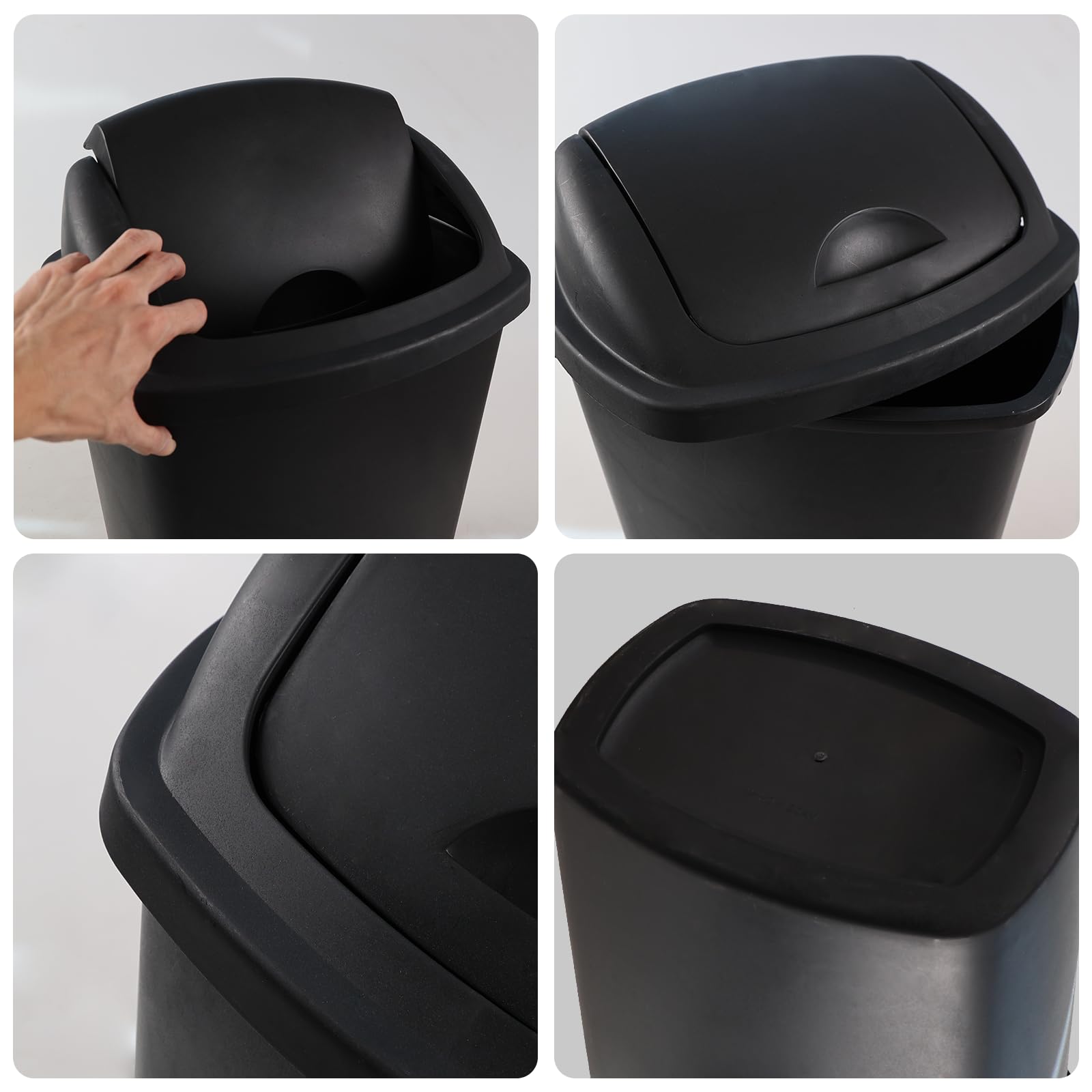 Qskely 6 Gallon Plastic Swing Top Trash Can for Kitchen, Set of 4 Small Garbage Can with Swing Top Lid, Black