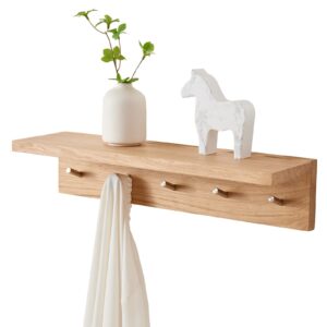 oakerland oak wood wall shelf with 5 hooks, entryway shelf coat rack with hooks floating shelves with hooks for clothes hats towel purse robes, bathroom mudroom bedroom (20 inch)