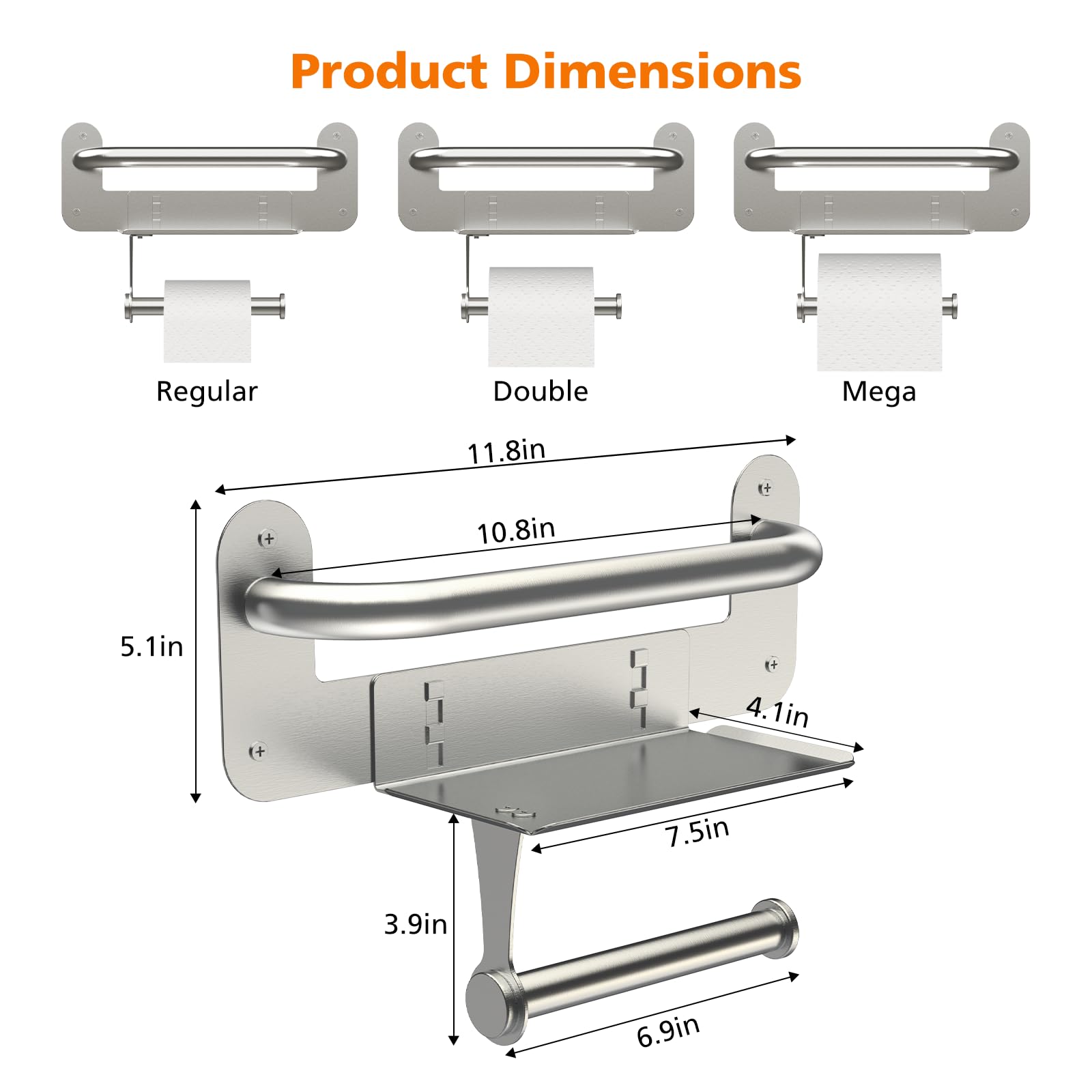 Grab Bars for Bathtubs and Showers with Toilet Paper Holder, Assistance Handle with Toilet Roll Holder and Shelf for Elderly Seniors, Waterproof Bathroom Handicap Safety Handrail for Wall Mount