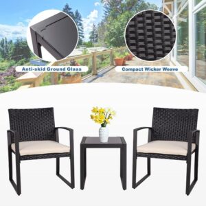 Shintenchi 3 Pieces Outdoor Patio Furniture Set Modern Black Wicker Bistro Set Rattan Chair Conversation with Coffee Table for Yard Porch Poolside Lawn(Beige)