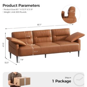 COPIAE 83" Faux Leather Couch, Upholstered 3 Seater Sofa with Pillows, Solid Wood Frame Leather Sleeper Sofa with Metal Legs& Side Pocket, Mid Century Sofa Couches for Living Room, Bedroom, Office