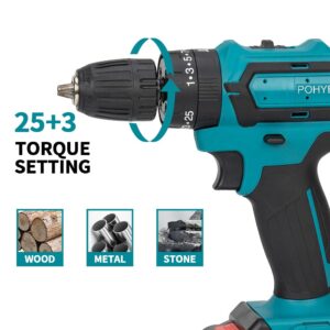 POHYEOL 21V MAX Cordless Drill Driver, with 2 Lithium Batteries and Charger,2 Variable Speed,with LED Work Light,with 43pcs Drill Driver Bits Kit, Screws Set,Tool Bag