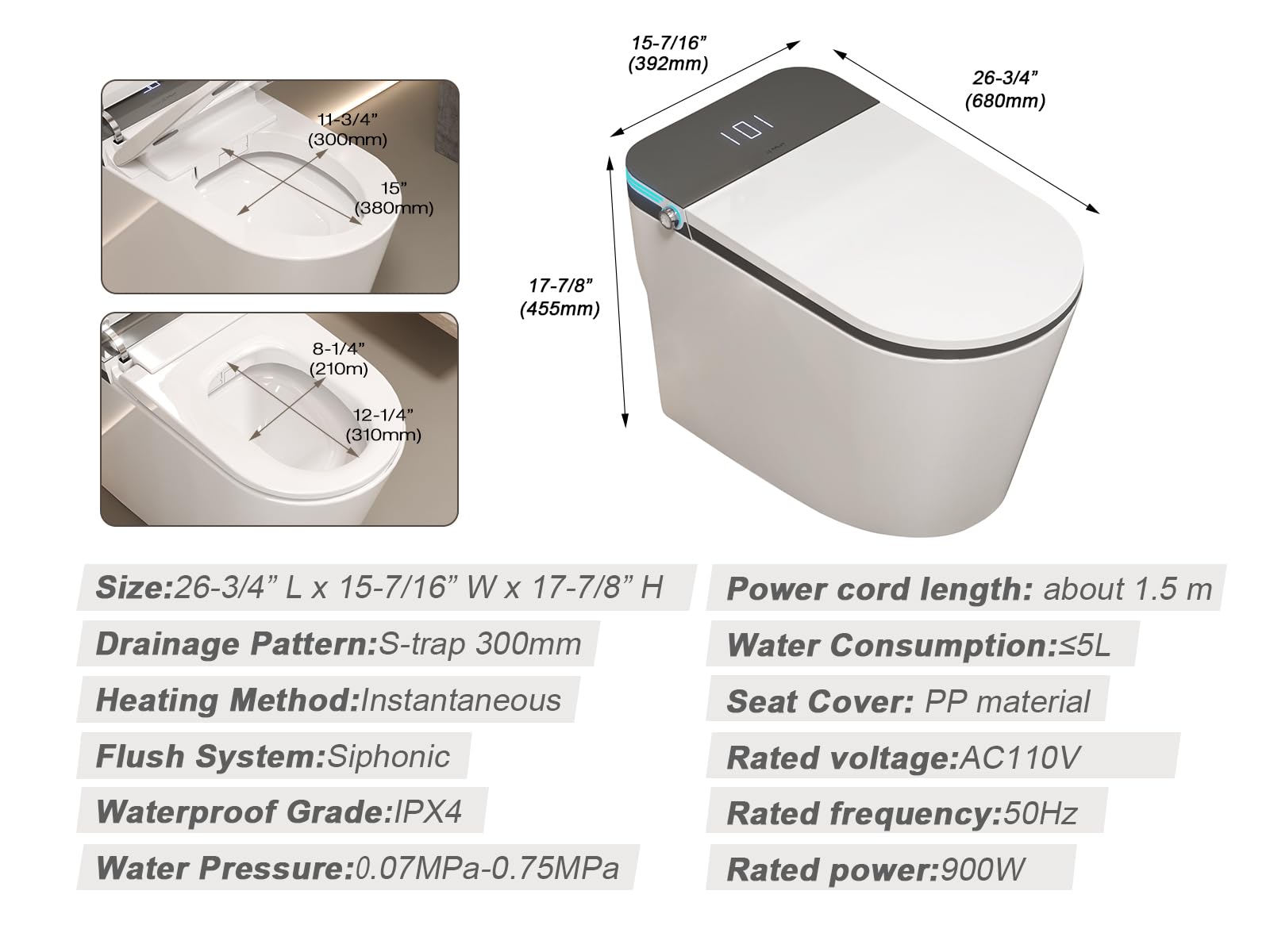 MEJE #MZE013 - Luxury Automatic Toilet,Smart Toilet with Intelligent Bidet,Auto Open and Close,Auto Flush,Heated Seat,Remote Control, Night Light, Switchable Temperature Display,White