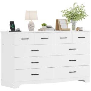 DICTAC White Dresser for Bedroom with 10 Drawers, Large Chest of Drawers Storage Organizer, Long Dresser TV Stand with Power Outlets, Wide Dresser for Bedroom, Living Room 55.1" W x 32.3" H x 15.8" D