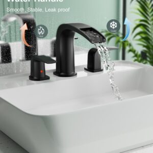 Waterfall Bathroom Sink Faucet, 3 Hole Matte Black Brass Modern Deck Mount 2 Handle Vanity Faucet with Metal Pop-up Drain Stopper & Water Supply Hoses