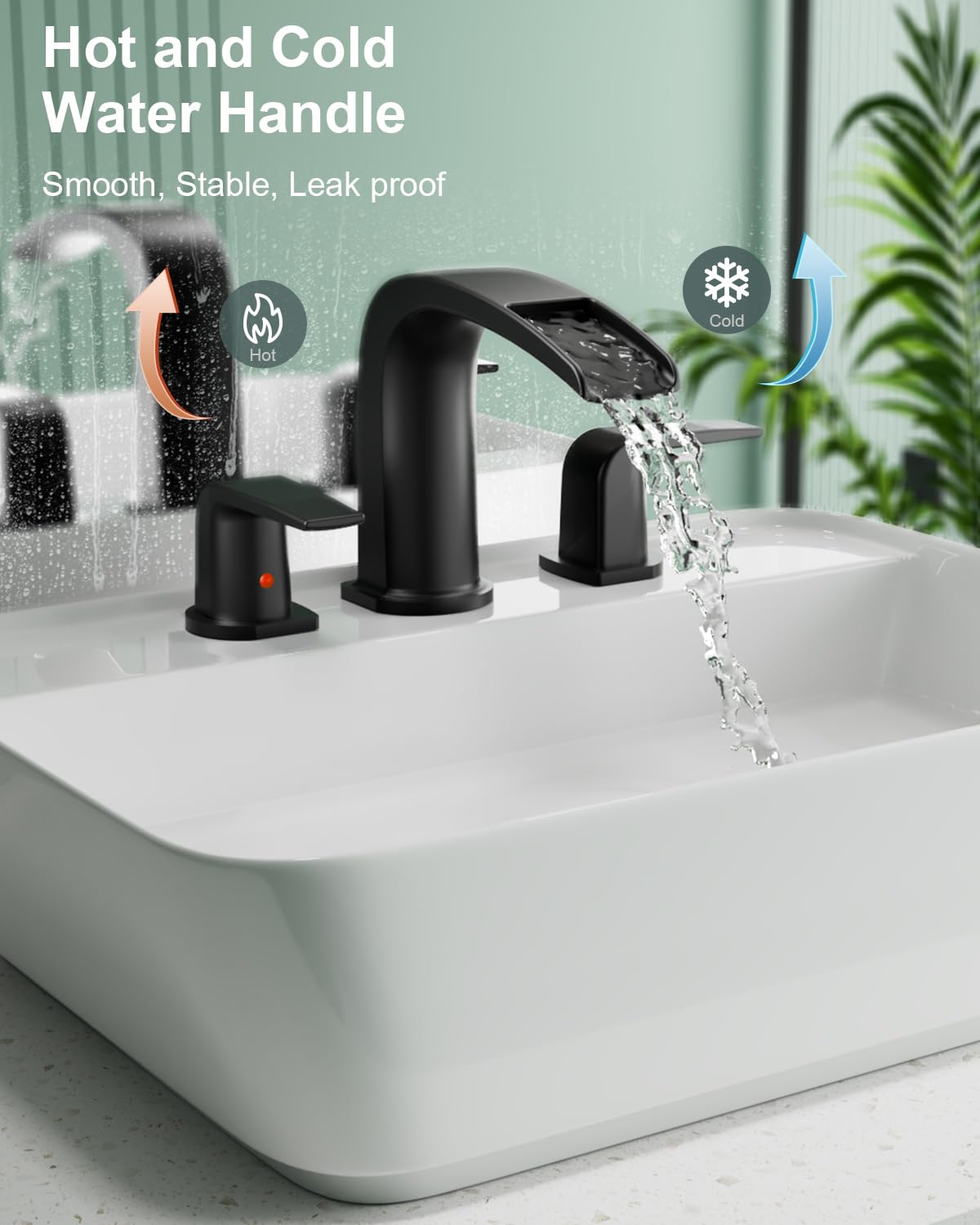 Waterfall Bathroom Sink Faucet, 3 Hole Matte Black Brass Modern Deck Mount 2 Handle Vanity Faucet with Metal Pop-up Drain Stopper & Water Supply Hoses