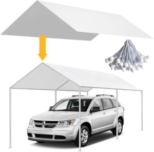 10 x 20 ft carport replacement canopy cover, heavy duty top cover for car garage, tear-proof, anti-uv & waterproof party tent shelter tarp with 42 ball bungees (only cover, frame not include) white