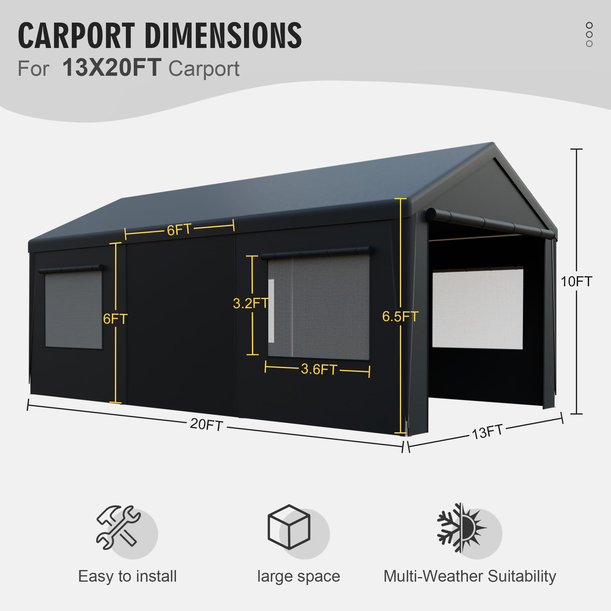 Yardsight 13'x 20' Carport, Heavy Duty Car Canopy Portable Garage with Removable Sidewalls and Roll-up Ventilated Doors & Windows for Car, SUV, Truck, Boat. Gray