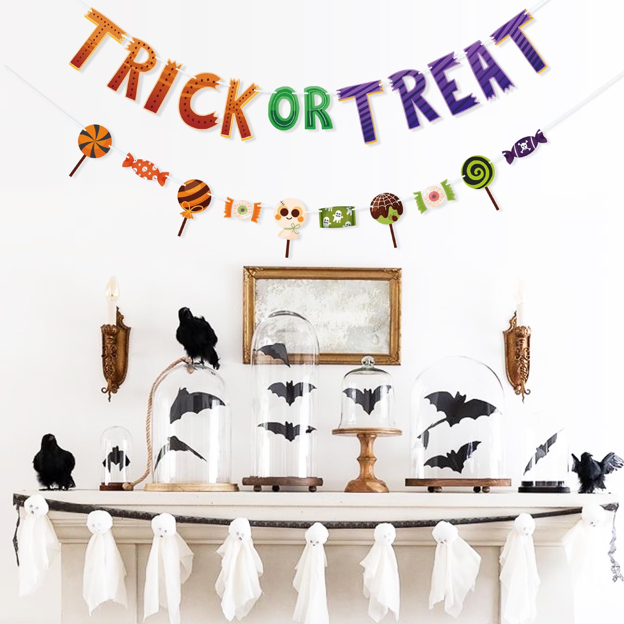 VILIFEVER Trick or Treat Banner for Halloween Party Decorations, Spooky Candy Garland Bunting Wall Home Decor Halloween Theme Baby Shower Birthday Party Supplies Office Classroom Decorations