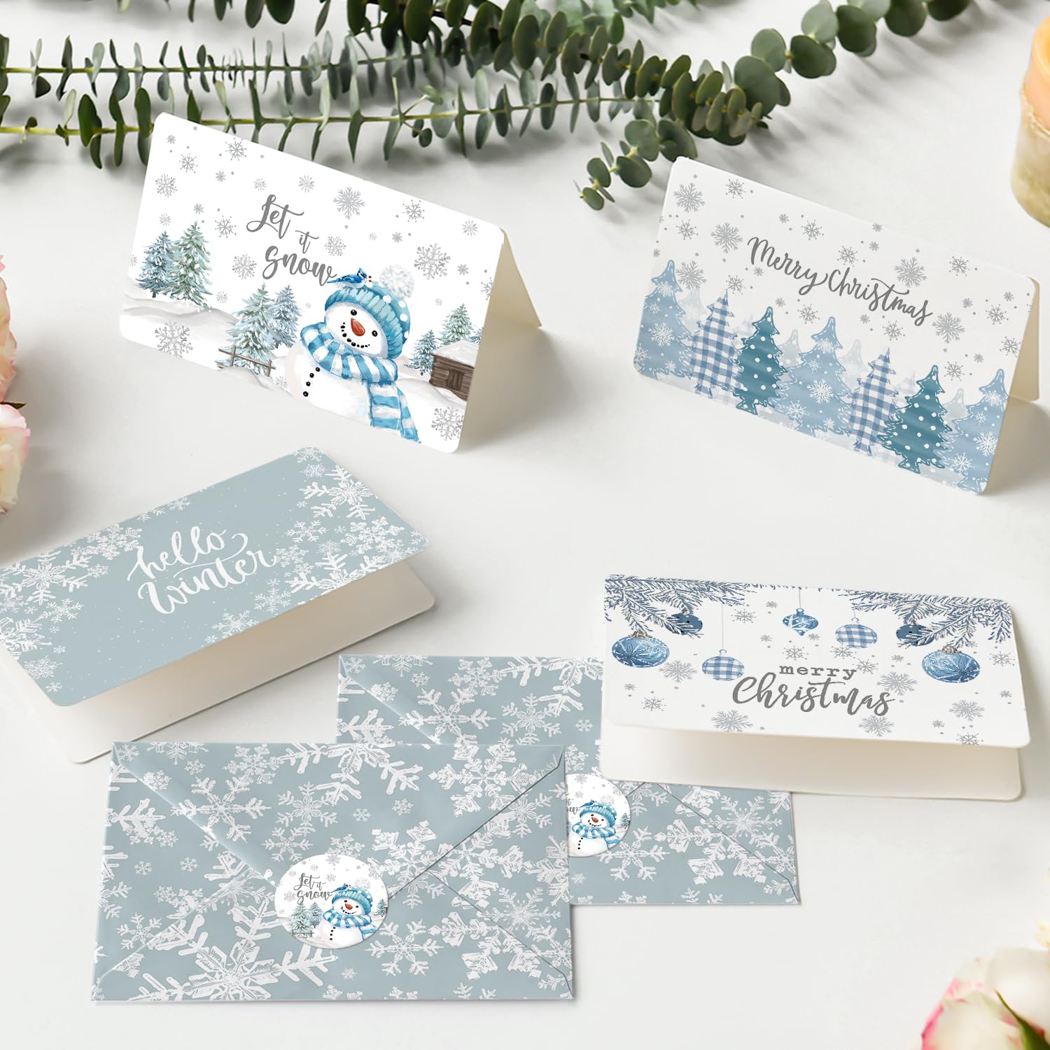 Artoid Mode 36 Pack Merry Christmas Thank You Cards Snowflake Snowman Xmas Tree Greeting Cards Gift With Envelope Sticker Blank Note Cards for Birthday Wedding Baby Shower Bridal Shower, 4 x 6 Inch