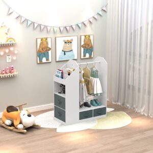 WEMAKMAK Kids Play Armoire with Storage Bins and Closet for Dress Up and Costumes, includes Mirror - White