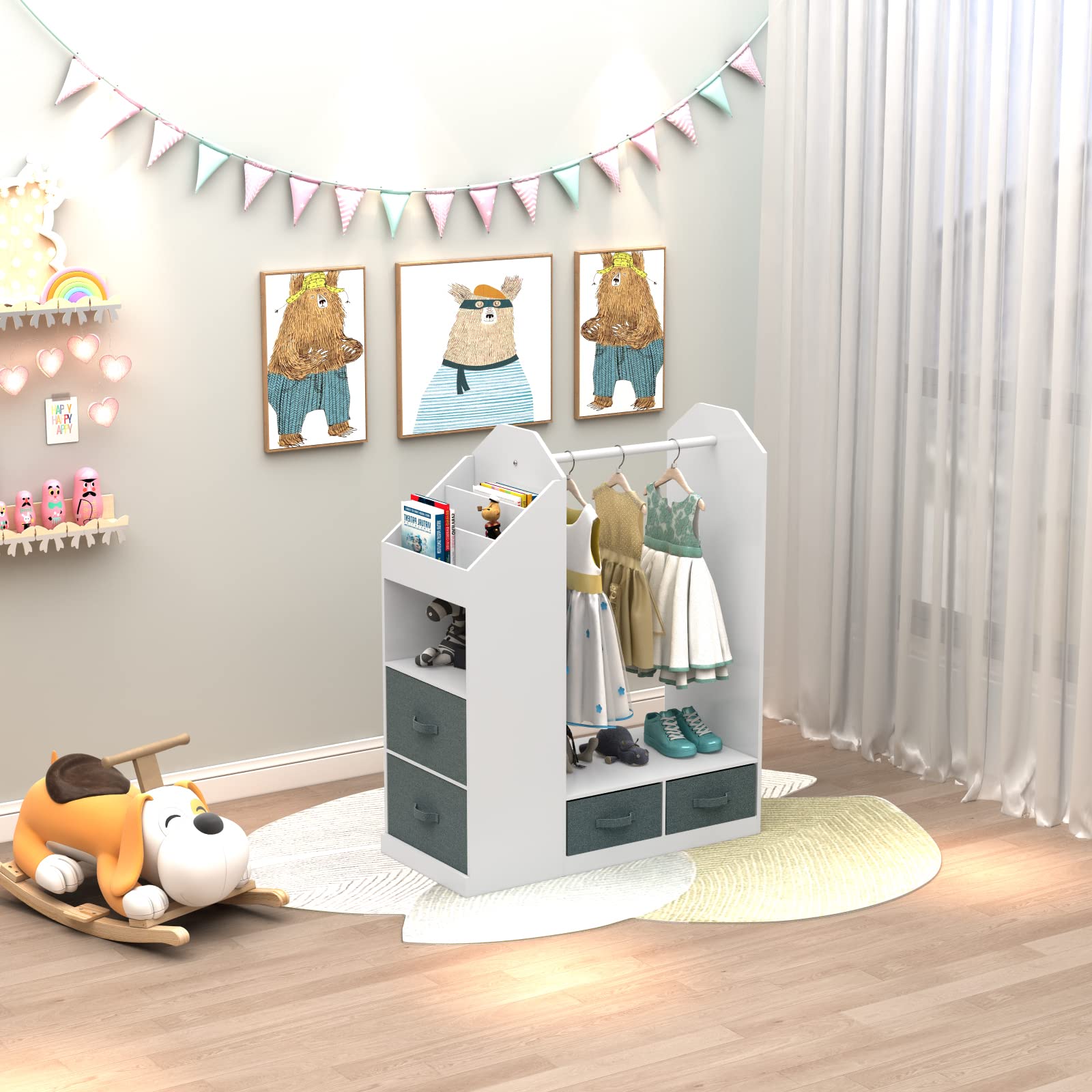 WEMAKMAK Kids Play Armoire with Storage Bins and Closet for Dress Up and Costumes, includes Mirror - White