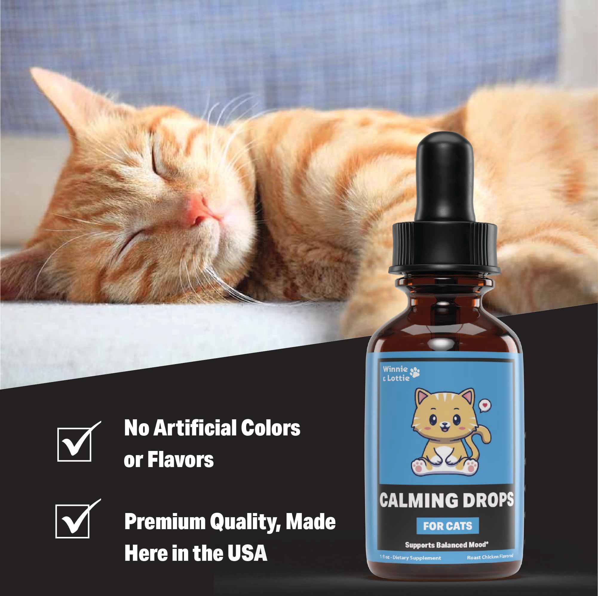 Winnie & Lottie Cat Calming Drops | Cat Anxiety Relief | Calm Cat | Anxiety Relief for Cats | Cat Calming | Cat Calming Supplement | Cat Anxiety | Cat Stress Relief | 1 fl oz | Roast Chicken Flavor