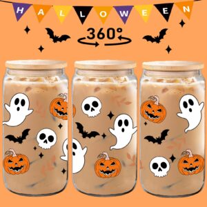 WECACYD Halloween Pumpkin Ghost Skull Cups - 16 oz Pumpkins Fall Cup Mug, Tumbler Glass Cups with Lids Straws, Spooky Cups for Iced Coffee, Goth Spooky Gifts for Her, Halloween Gifts for Women