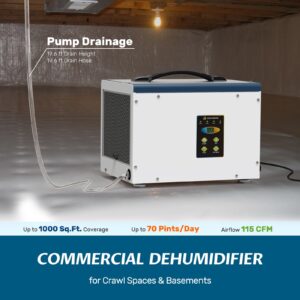 ARGENDON Crawlspace Dehumidifier with Pump, 70 Pint Energy Star Commercial Dehumidifier for Basement with Drain Hose, Auto Defrost, Memory Starting, GLGR, Up to 1000 Sq Ft