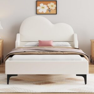 Merax Twin Bed Frames for Kids, Platform with Cloud- Shaped Upholstered Headboard, Beige