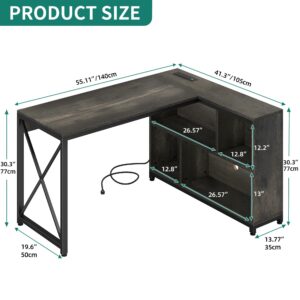 YITAHOME L Shaped Desk with Storage Shelves, 55" Computer Desk with Power Outlets & LED Lights, Corner Desk for Home Office Small Space, Grey