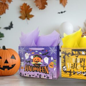 Ranfashiong 13" Halloween Large Gift Bag with Card and Tissue Paper Pumpkin Design Trick or Treat Party - Purple yellow 2Pcs