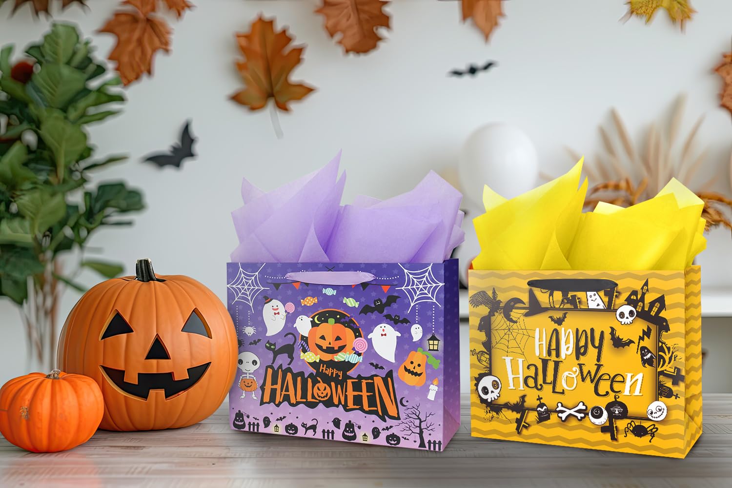 Ranfashiong 13" Halloween Large Gift Bag with Card and Tissue Paper Pumpkin Design Trick or Treat Party - Purple yellow 2Pcs