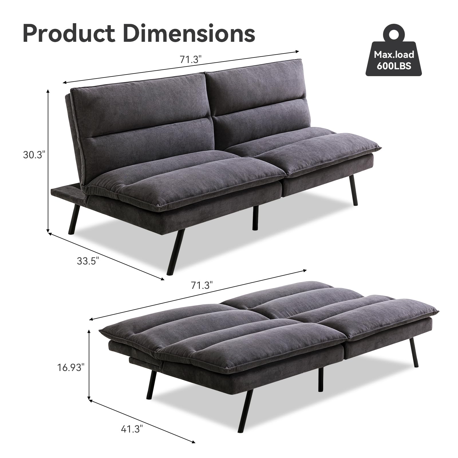 AMICLIBER Armless Futon Loveseat Sofa Bed (Black)