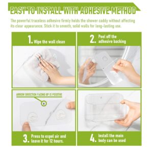 JJunLiM Acrylic shower organizer, Adhesive Clear Acrylic shelves for bathroom Organizer,Transparent No Drilling Wall Mount Shower Rack Storage with Soap Holder and Hooks (Transparent, Long,set of 4)