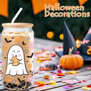 KIKUHE Halloween Ghost Iced Coffee Glass Cups, 16oz Cute Floral Ghost Glass Cups with Lids and Straws, Halloween Gifts, Cute Spooky Gifts for Her, Spooky Halloween Tumbler Mug for Women Girls Kids