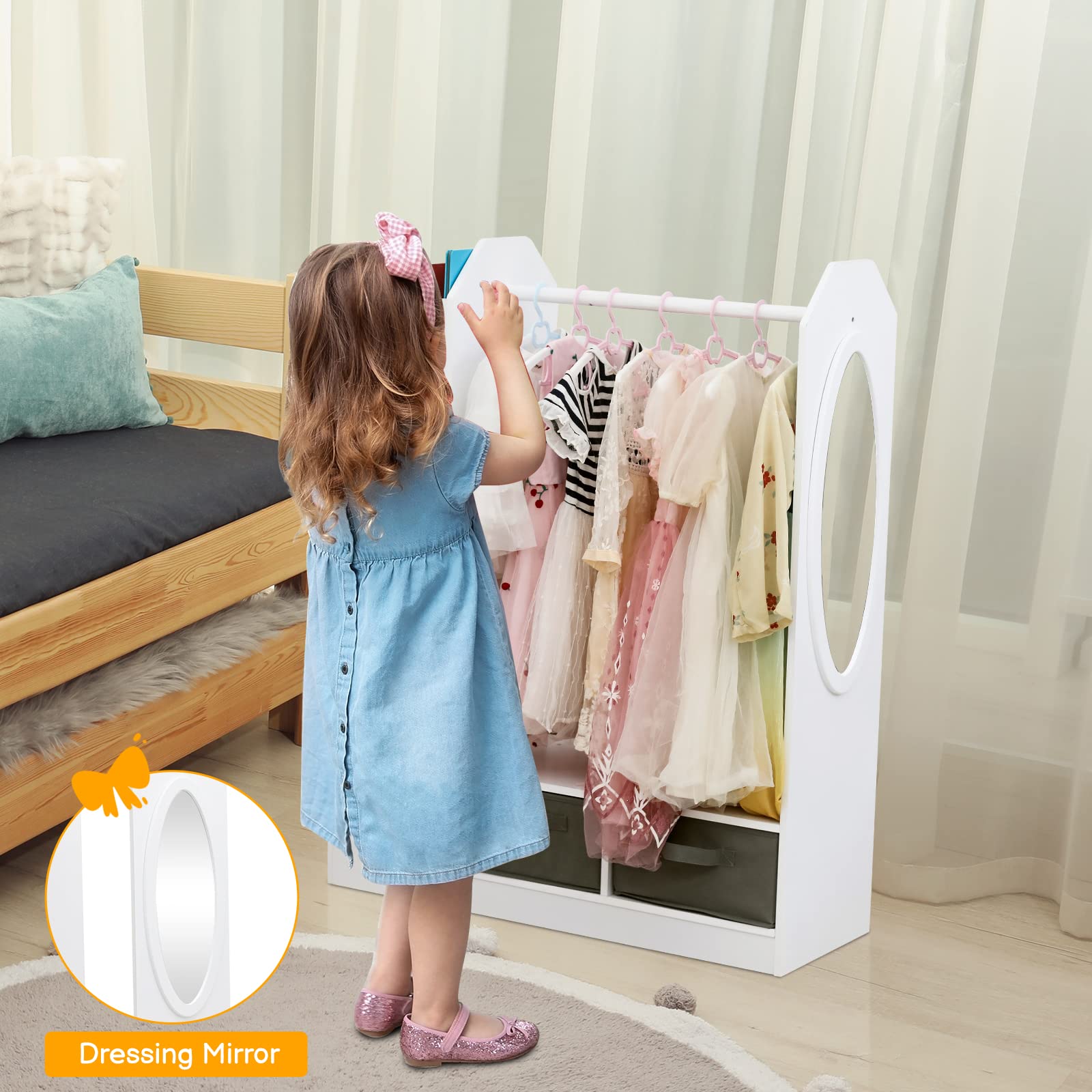 WEMAKMAK Kids Play Armoire with Storage Bins and Closet for Dress Up and Costumes, includes Mirror - White