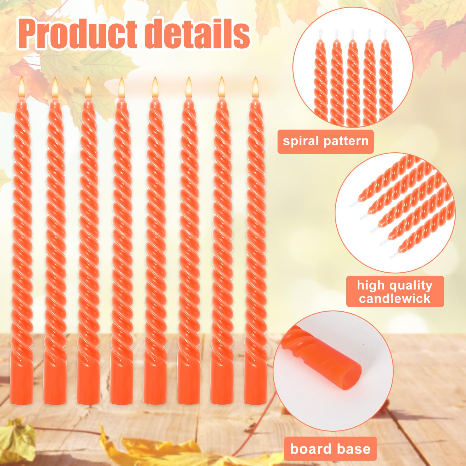 Whaline 8Pcs 10 Inch Orange Spiral Taper Candles Dripless Twisted Wax Candles Long Unscented Candle Sticks for Fall Harvest Halloween Home Party Supplies