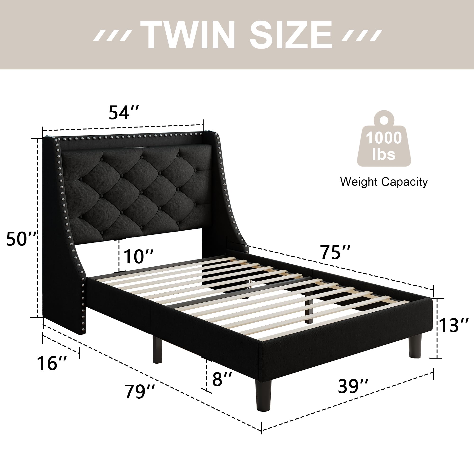 Feonase Twin Bed Frame with Luxury Wingback Upholstered Button Tufted Storage Headboard, Twin Platform Bed with Charging Station, Sturdy Wooden Slats Support, Noise-Free, Easy Assembly, Black