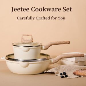 JEETEE Pots and Pans Set Non Stick, White Granite Kitchen Cookware Set, 14 Pcs Induction Cooking Set w/Frying Pans & Saucepans(PFAS/PTFE/PFOS/PFOA Free)