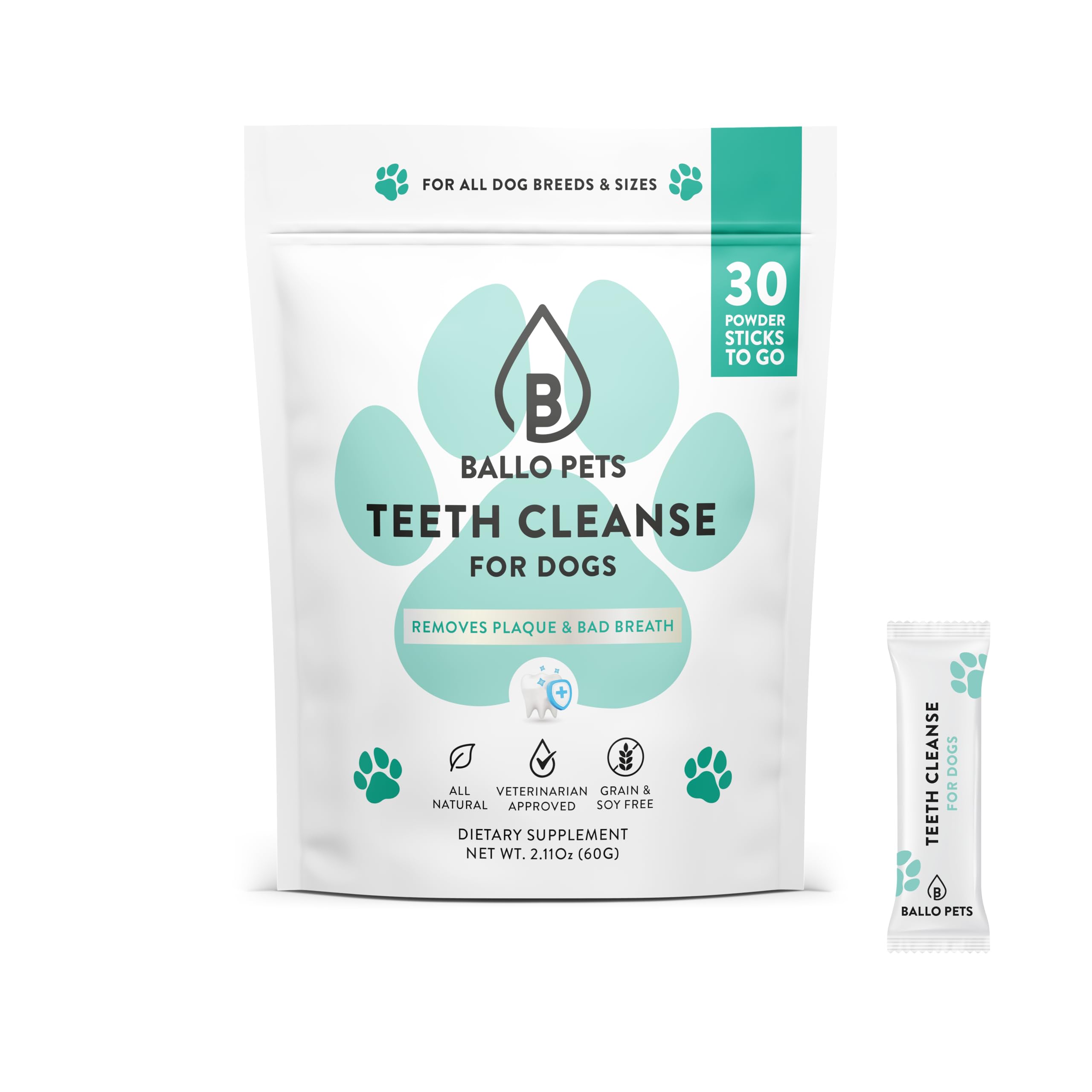 Ballo Pets Teeth Cleanse for Dogs - Dental Powder - Teeth Cleaning Made Easy - Targets Tartar & Bad Breath - Formulated for Dogs of All Ages and Sizes - 30 Powder Packets to go, white