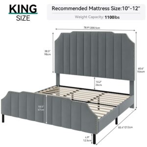 YITAHOME King Bed Frame with Headboard, Upholstered Platform Bed Frame with Wooden Slats Support, No Box Spring Needed, Easy Assembly - Gray