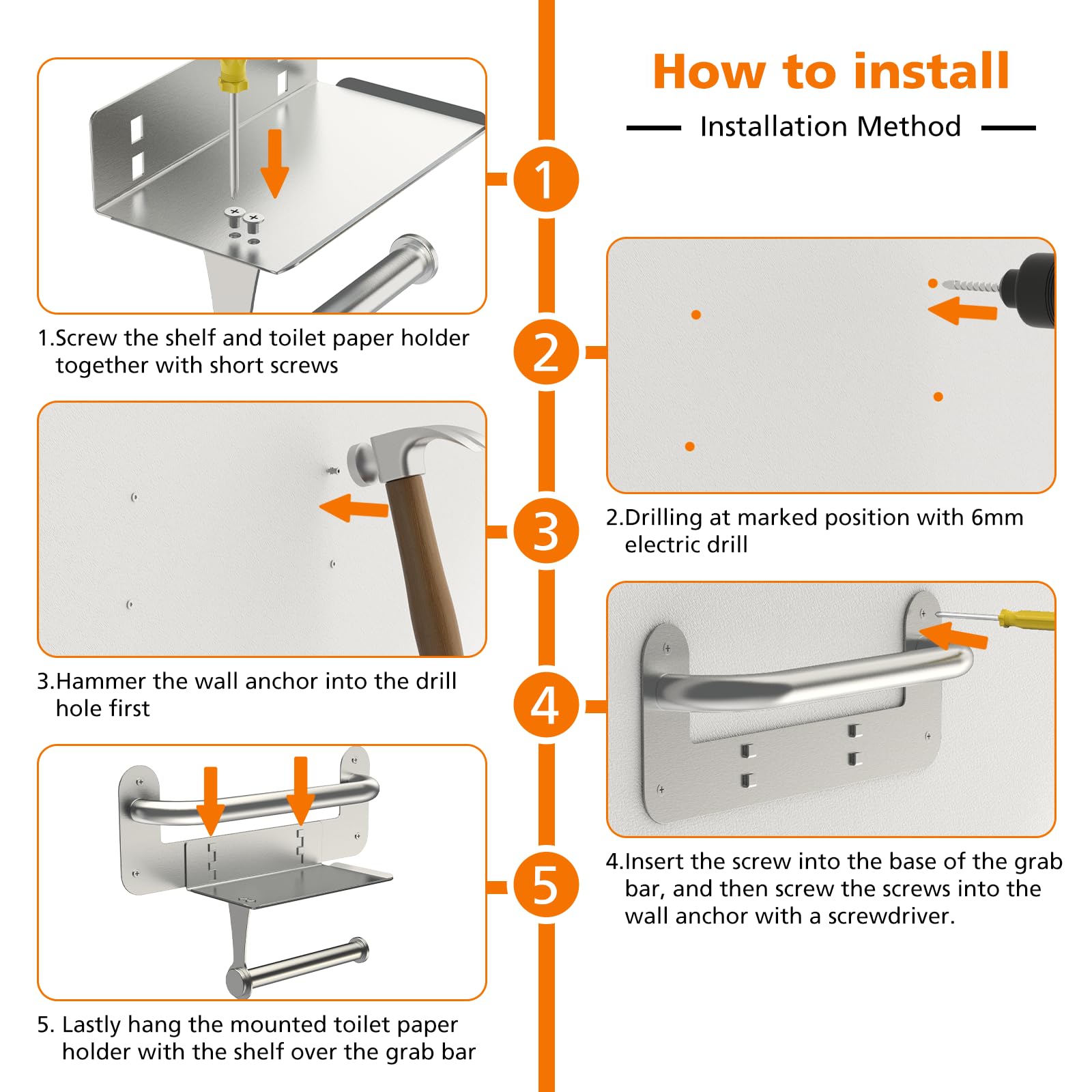 Grab Bars for Bathtubs and Showers with Toilet Paper Holder, Assistance Handle with Toilet Roll Holder and Shelf for Elderly Seniors, Waterproof Bathroom Handicap Safety Handrail for Wall Mount