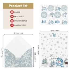 Artoid Mode 36 Pack Merry Christmas Thank You Cards Snowflake Snowman Xmas Tree Greeting Cards Gift With Envelope Sticker Blank Note Cards for Birthday Wedding Baby Shower Bridal Shower, 4 x 6 Inch