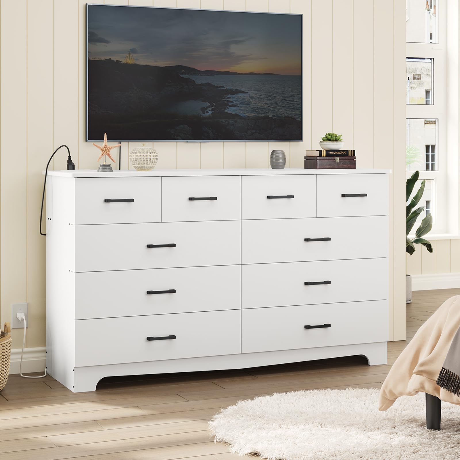 DICTAC White Dresser for Bedroom with 10 Drawers, Large Chest of Drawers Storage Organizer, Long Dresser TV Stand with Power Outlets, Wide Dresser for Bedroom, Living Room 55.1" W x 32.3" H x 15.8" D