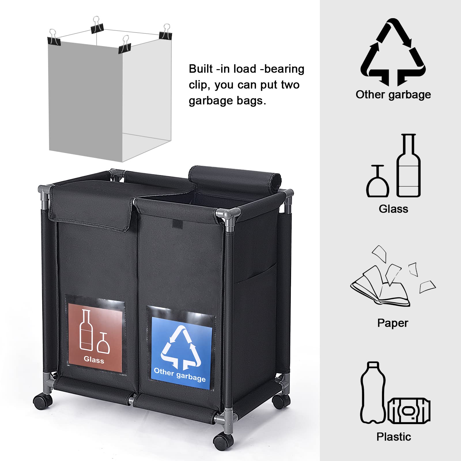 Generic 110L Large Recycling Bin with Lid,Recyclable Waste Trash Sorting Organizer for Kitchen with 2 Display Pockets