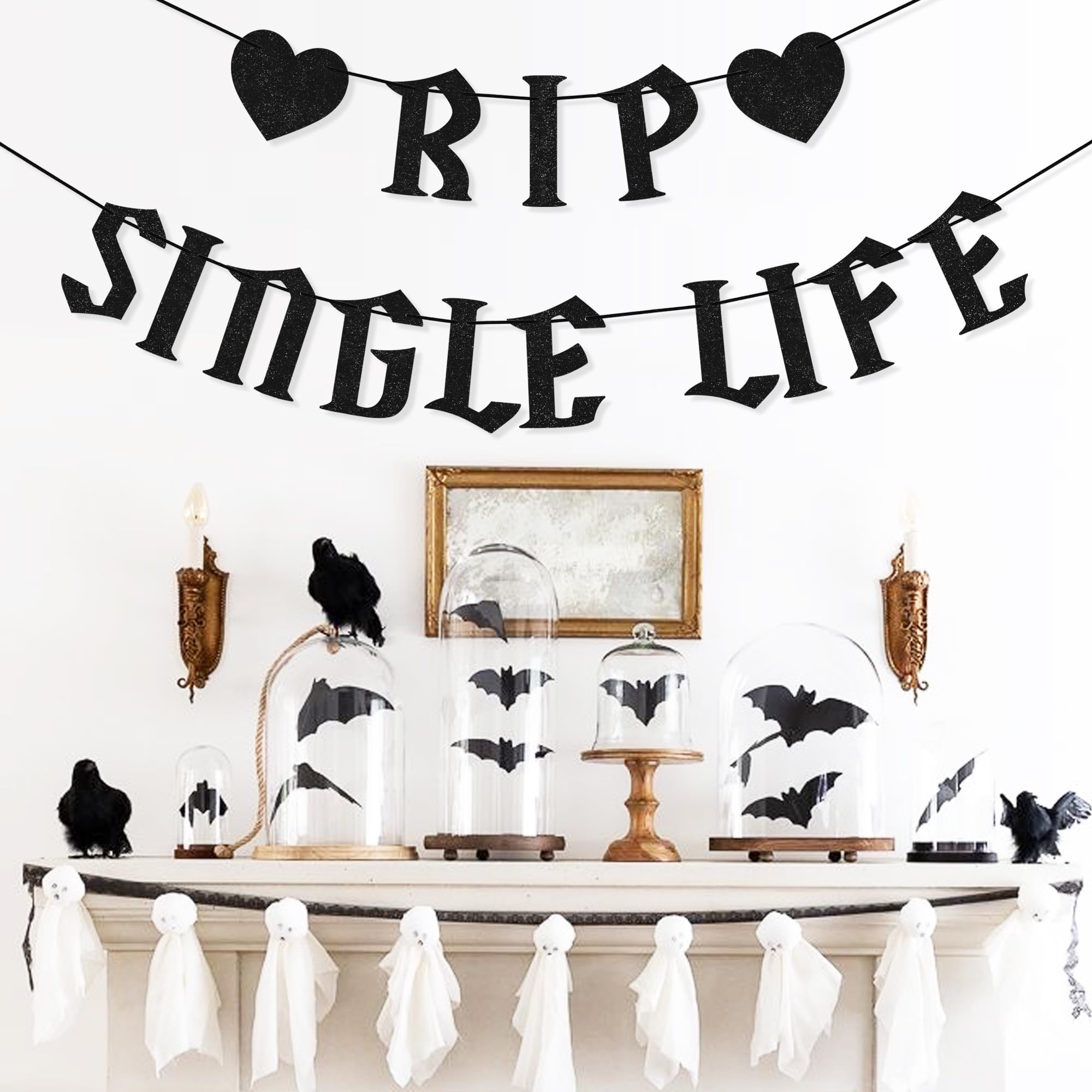 VILIFEVER Pre-Strung Rip Single Life Banner Gothic Bachelorette Party Decorations, Black Glitter Halloween Bridal Shower Engagement Wedding Photo Backdrop Party Supplies