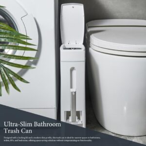 CurcKua Bathroom Trash Can Set 16.5x8x4.3in 1.2-Gallon Slim Bathroom Bin with Toilet Brush Holder Press-Opening White Rectangular Toilet Trash Can Slim Trash Can with Lid Rubbish Bin Waste Paper Bin