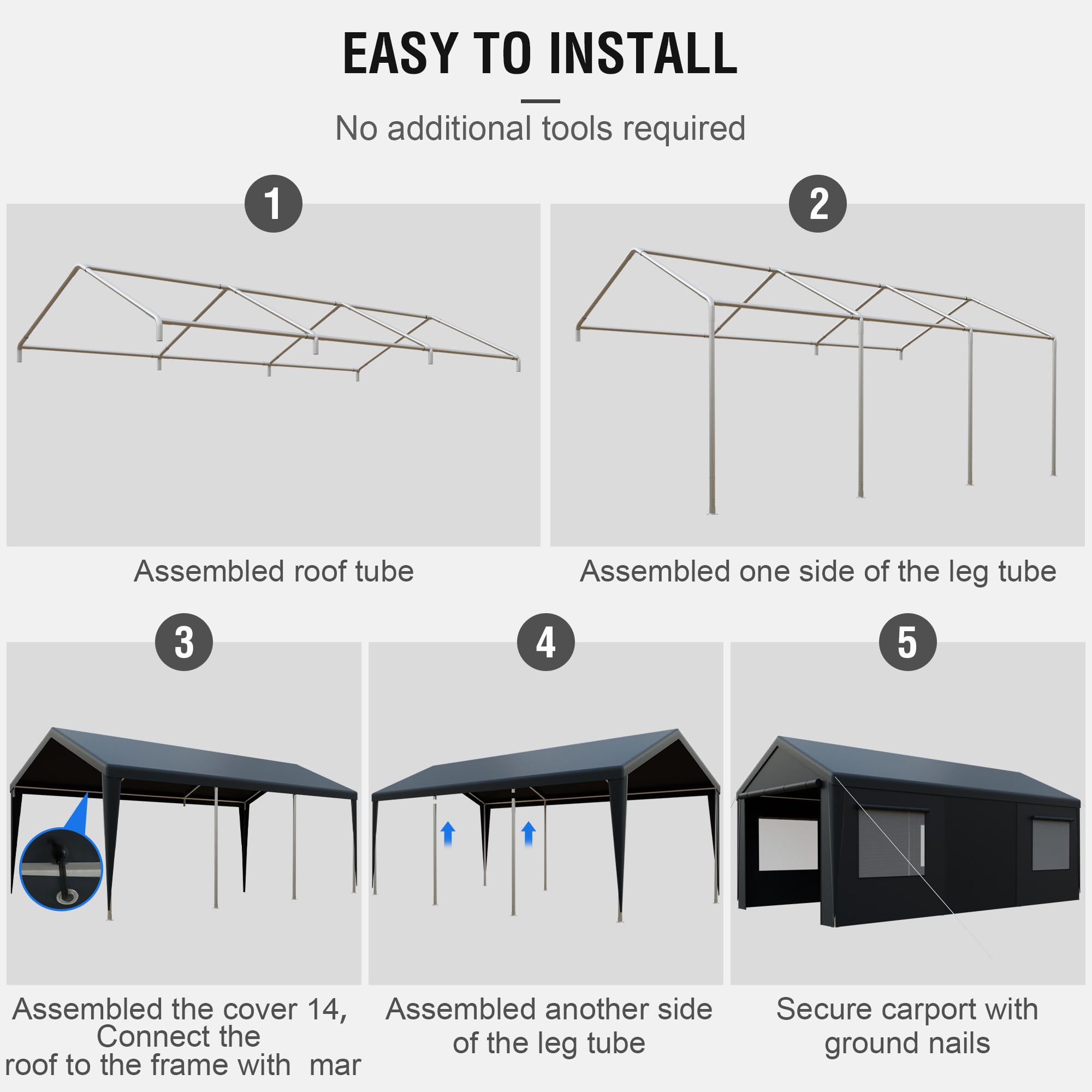 Yardsight 13'x 20' Carport, Heavy Duty Car Canopy Portable Garage with Removable Sidewalls and Roll-up Ventilated Doors & Windows for Car, SUV, Truck, Boat. Gray