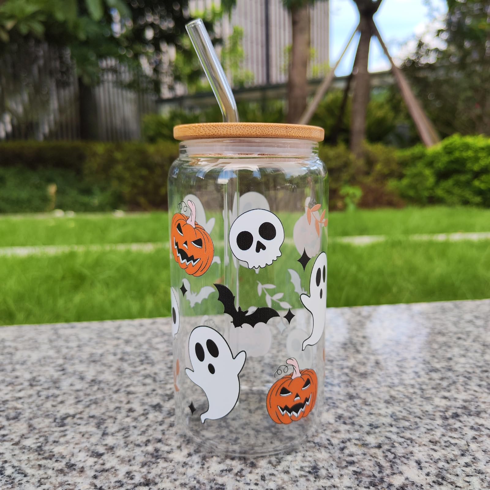 WECACYD Halloween Pumpkin Ghost Skull Cups - 16 oz Pumpkins Fall Cup Mug, Tumbler Glass Cups with Lids Straws, Spooky Cups for Iced Coffee, Goth Spooky Gifts for Her, Halloween Gifts for Women