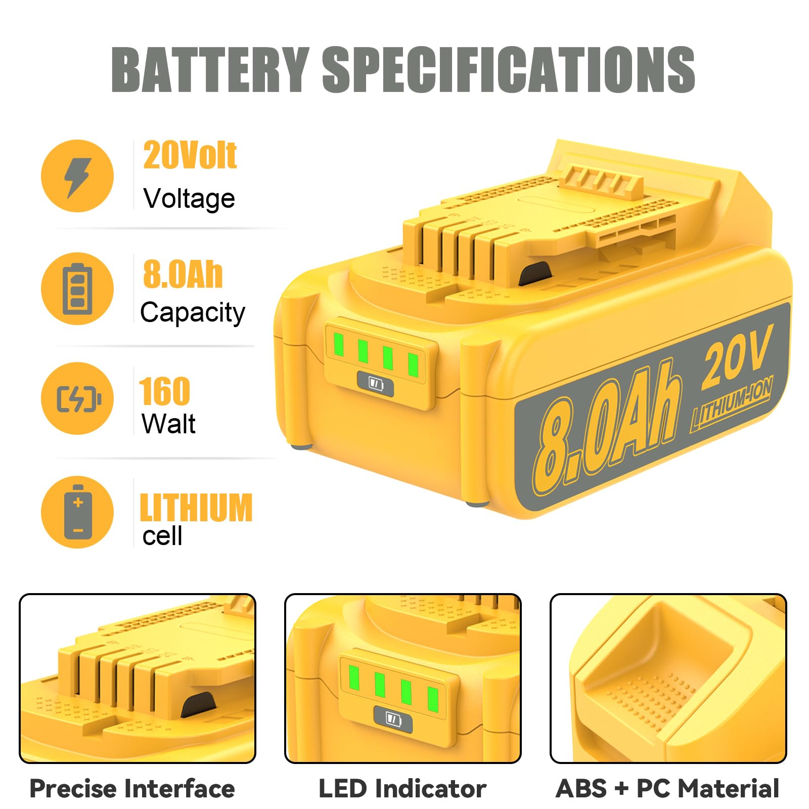 JUNWOOD 2Pack 8.0Ah MAX Lithium Replacement for Dewalt 20V Battery with 20 Volt Dual Port Battery Charger DCB200 DCB201 DCB204 DCB206 DCB207 DCD/DCF/DCG XR Series