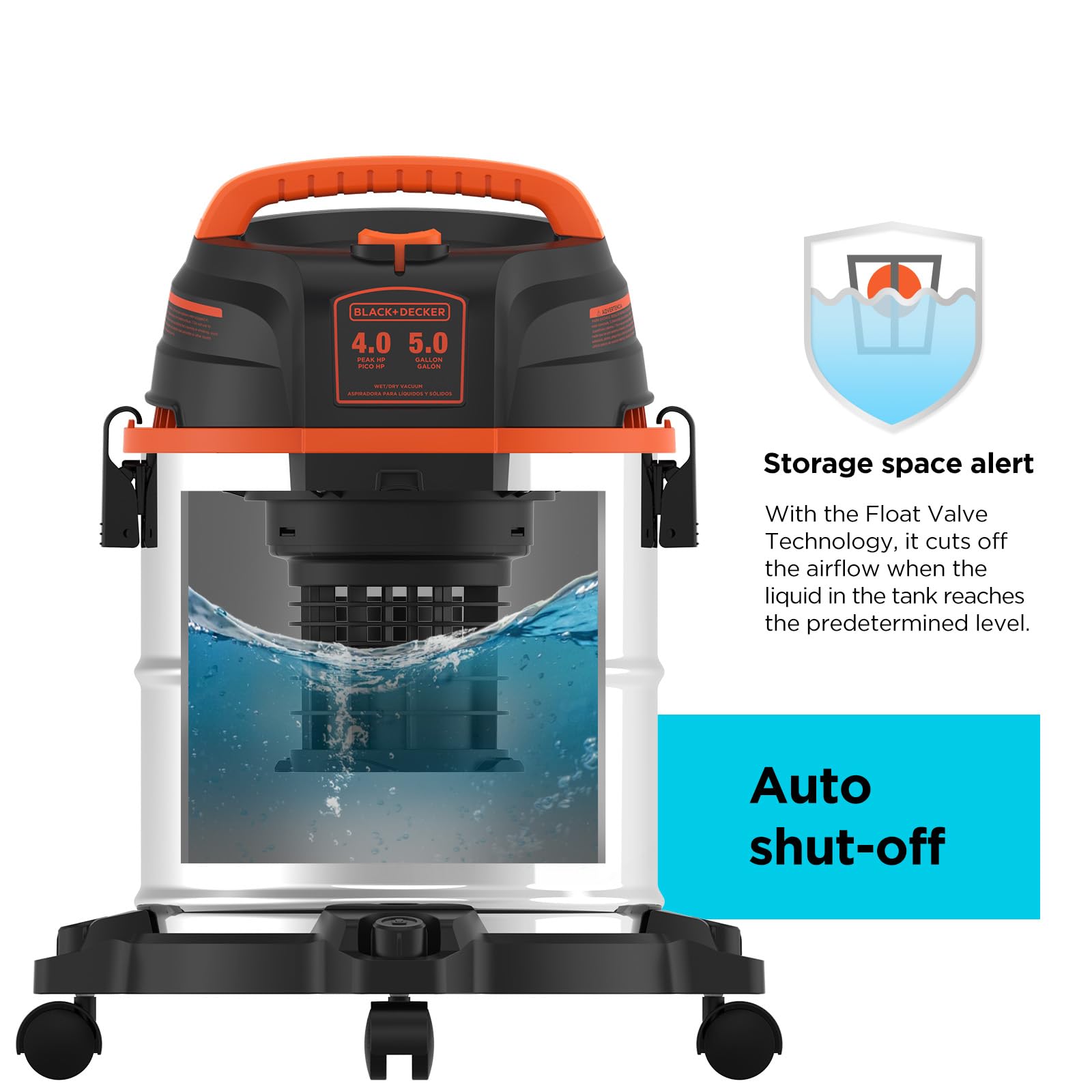 BLACK+DECKER Shop Vacuum Wet and Dry, Stainless Steel Shop Vac with Attachments, Blower Function, 5 Gallon 4.0 Peak HP, 3-in-1, for Home, Car, Workshop and Jobsite, BDXV18143