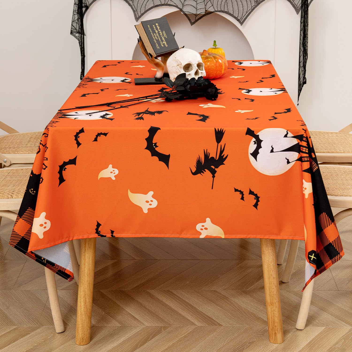 MikiUp Halloween Tablecloth, Castle Ghost Decorative Rectangle Table Cloth, Holiday Fabric Table Cover for Party Picnic Dinner Decor, Orange 60 x 84 Inch